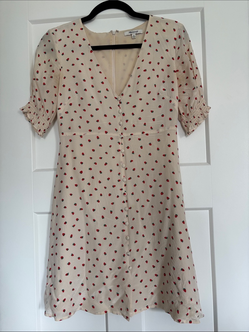 Madewell Cream Silk Mini Dress with Strawberry Print